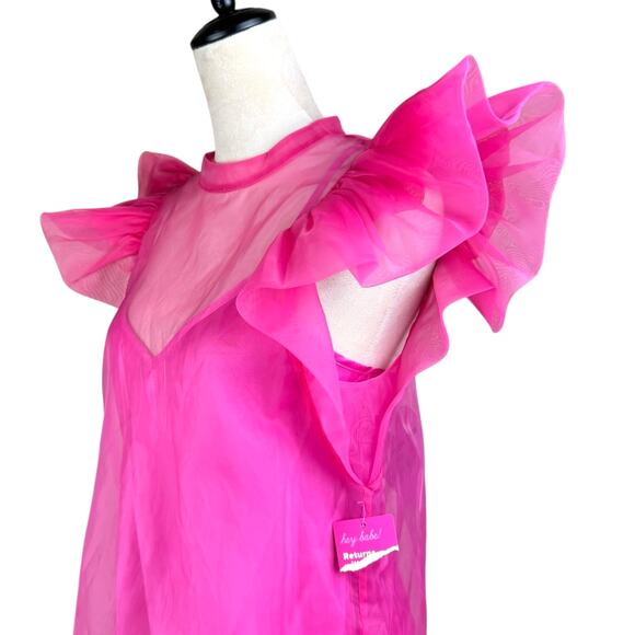 Buddy Love NWT Kaycee Hot Pink Organza Ruffle Flare Sleeve Sheer Party Top - Picture 7 of 12